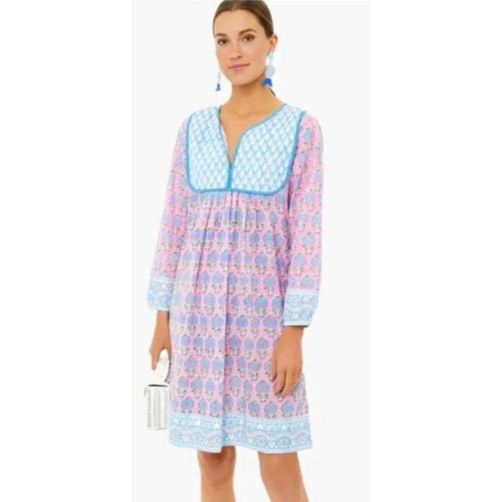 SZ Blockprints Kitty Tunic Dress Pink Blue Floral Cotton Size Large